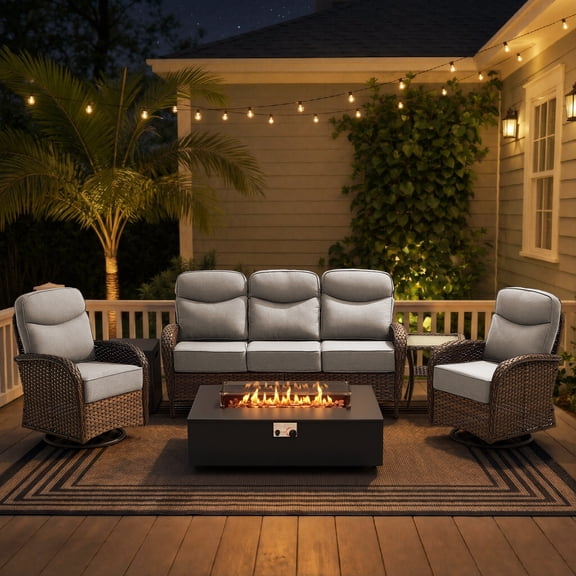 Opohoro 6-Piece Outdoor Conversation Set with 43" Fire Pit Table, Patio Fire Pit Set with Propane Tank Cover, Swivel Rocker Chairs and End Table for Deck Backyard