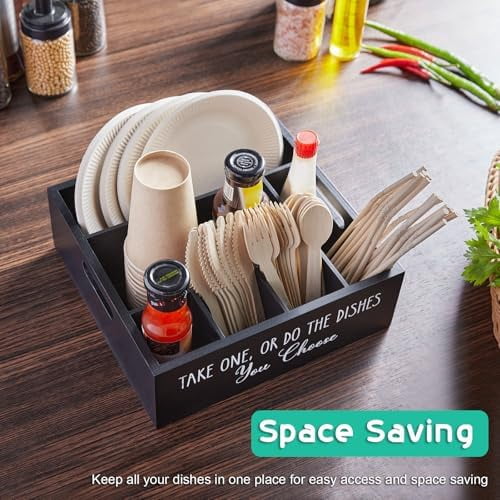 Paper Plate Dispenser for Countertop - Wooden Utensil Holder Organizer for Party - Silverware Caddy for Plate, Cup, Fork, Spoon - Cutlery Holder with Handles for Kitchen Camping Buffet