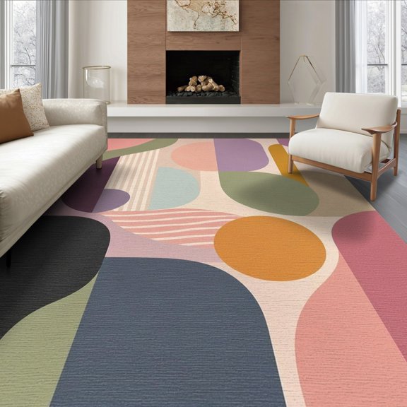 ODIKA 8'x10' Washable Area Rug Non-Shedding, Easy Care, Pastel Geometric Abstract Design Modern Art with Bold Shapes for King Size Bedroom Under Bed, Master Suite
