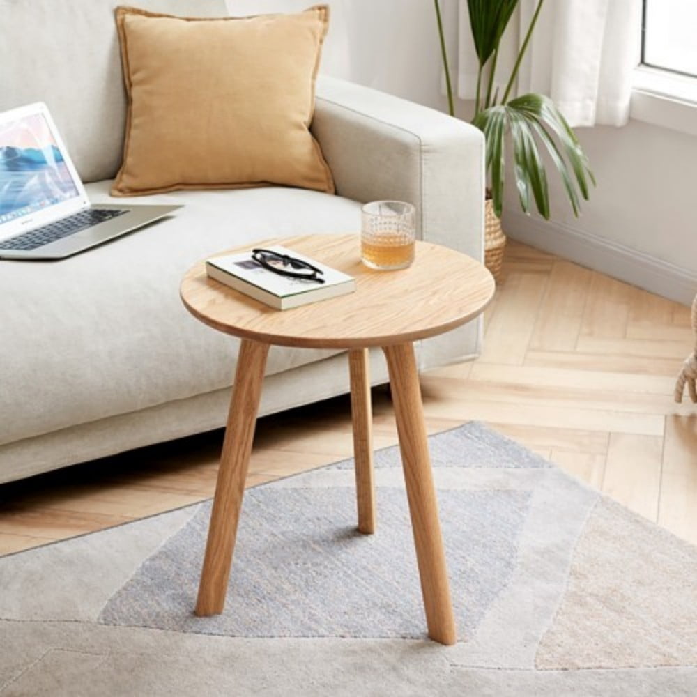 Round End Table, Small Solid Oak Wood Side Table, 3-Leg Accent Table for Living Room, Bedroom, Balcony, Bedside Nightstand, Coffee & Snack Table, Natural