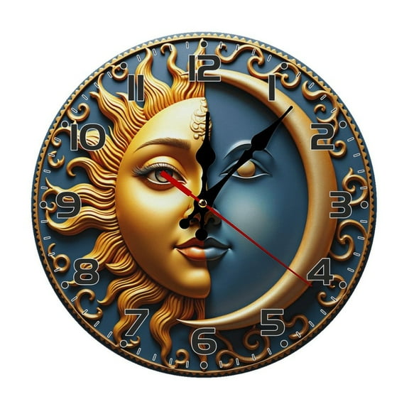 Sun Moon Wall Clock 10 Inch Silent Non Ticking Round Clock Decoration for Living Room Kitchen Bedroom Bathroom Office Classroom