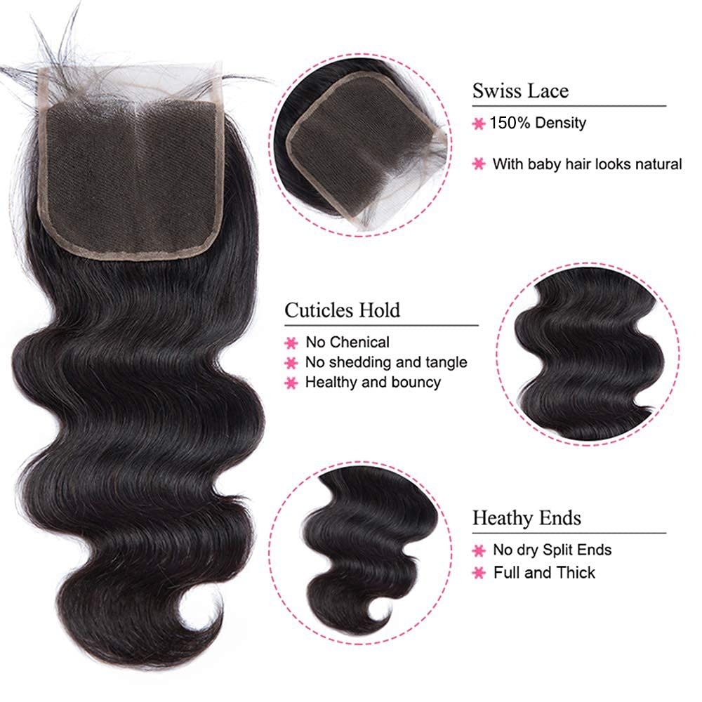 Human Hair Bundles with Closure Body Wave Brazilian Remy Hair Weave 3 Bundles with 4x4 Free Part Swiss Lace Closure Natural Color