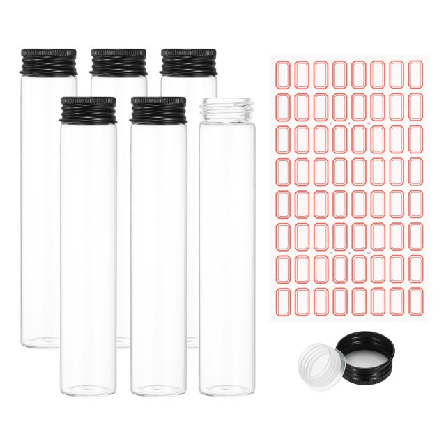 80ml Test Tubes with Caps, 6Pcs 30x150mm Glass Clear Flat Bottom Test Tube Containers with Plastic Cap for Bead Party Candy Bath Salt Storage Scientific Experiment Plant(Black)