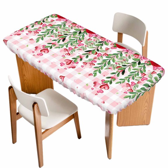 Valentine's Day Table Cloths for 6 Foot Rectangle Tables, Pink Red Roses Love Heart Eucalyptus Plaid Patio Waterproof Elastic Fitted Tablecloths, Washable Rectangular Table Cover for Camping
