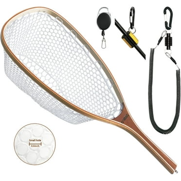 Fly Fishing Net Trout Net with Magnetic Release and Rod Holder Wooden Frame Landing Net with Soft Rubber Mesh for Catch and Release (Clear Small Holes)