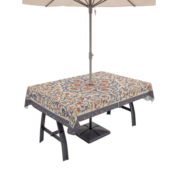 52x70 Inch Outdoor Tablecloth with Umbrella Hole Zipper Rectangle Vintage Boho Floral Rectangular Tablecloths Outside Waterproof Country Farmhouse Flowers Ethnic Patio Table Cloth Cover for Picnic