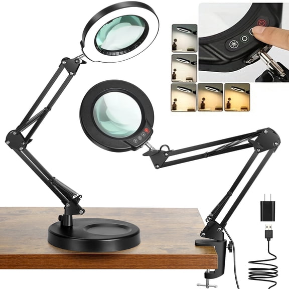 Magnifying Glass with Light and Stand, 5 Color Modes Stepless Dimmable 2-in-1 Lighted Magnifier with Clamp, LED Desk Lamp Hands Free for Crafts Hobby Reading Painting Sewing Close Work