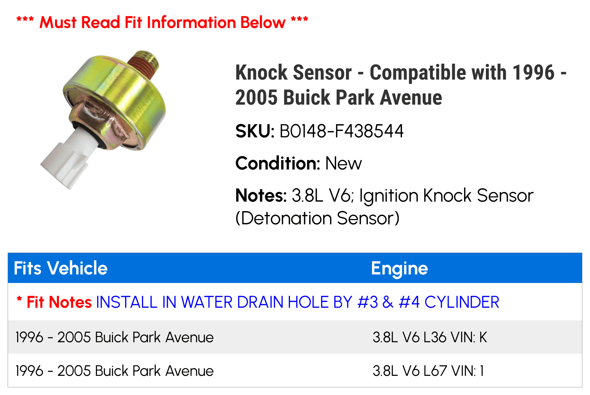 Knock Sensor - Compatible with 1996 - 2005 Buick Park Avenue 1997 1998 1999 2000 2001 2002 2003 2004