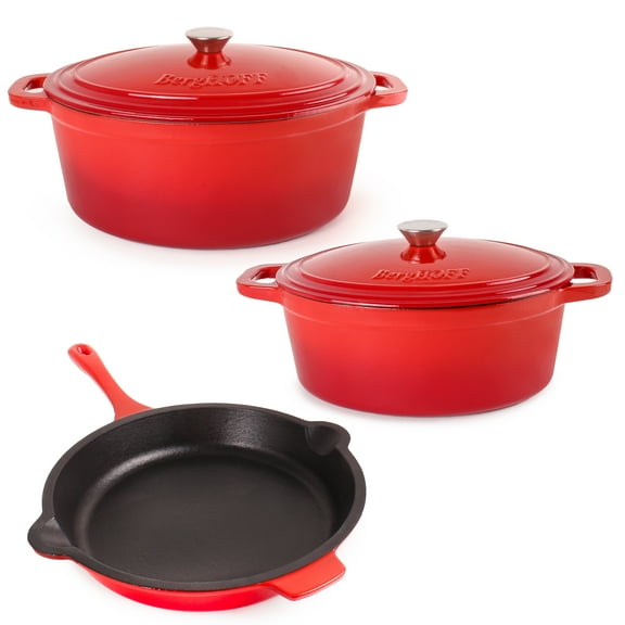 BergHOFF Neo 5pc Cast Iron Oval Dutch Oven Set with 10" Fry Pan, 5qt. & 8qt., Red