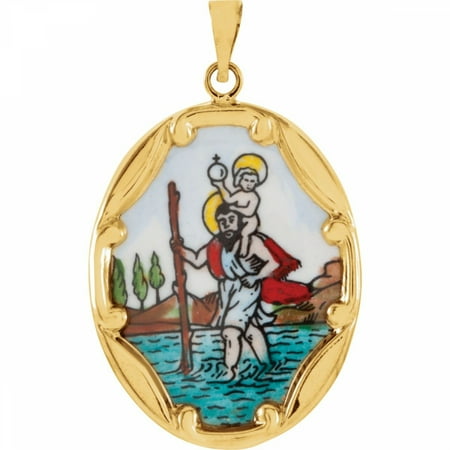 Paint Porcelain Jewelry - 14kt Yellow 25x19.5mm St. Christopher Hand-Painted Porcelain Medal R16945 / 14Kt Yellow / 25.00X19.50 Mm / Polished / Porcelain St.Christopher Penda