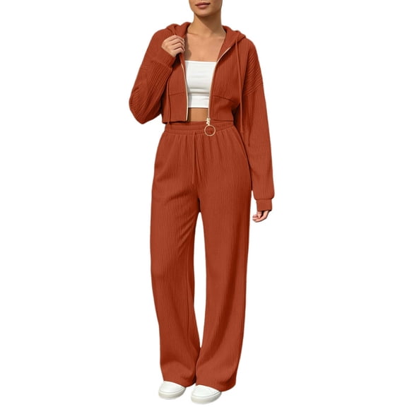 Naotn Women Ribbed Knit 2 Piece Sweatsuit Set, Full Zip Up Long Sleeve Cropped Hoodies Wide Leg Pants Matching Casual Sets