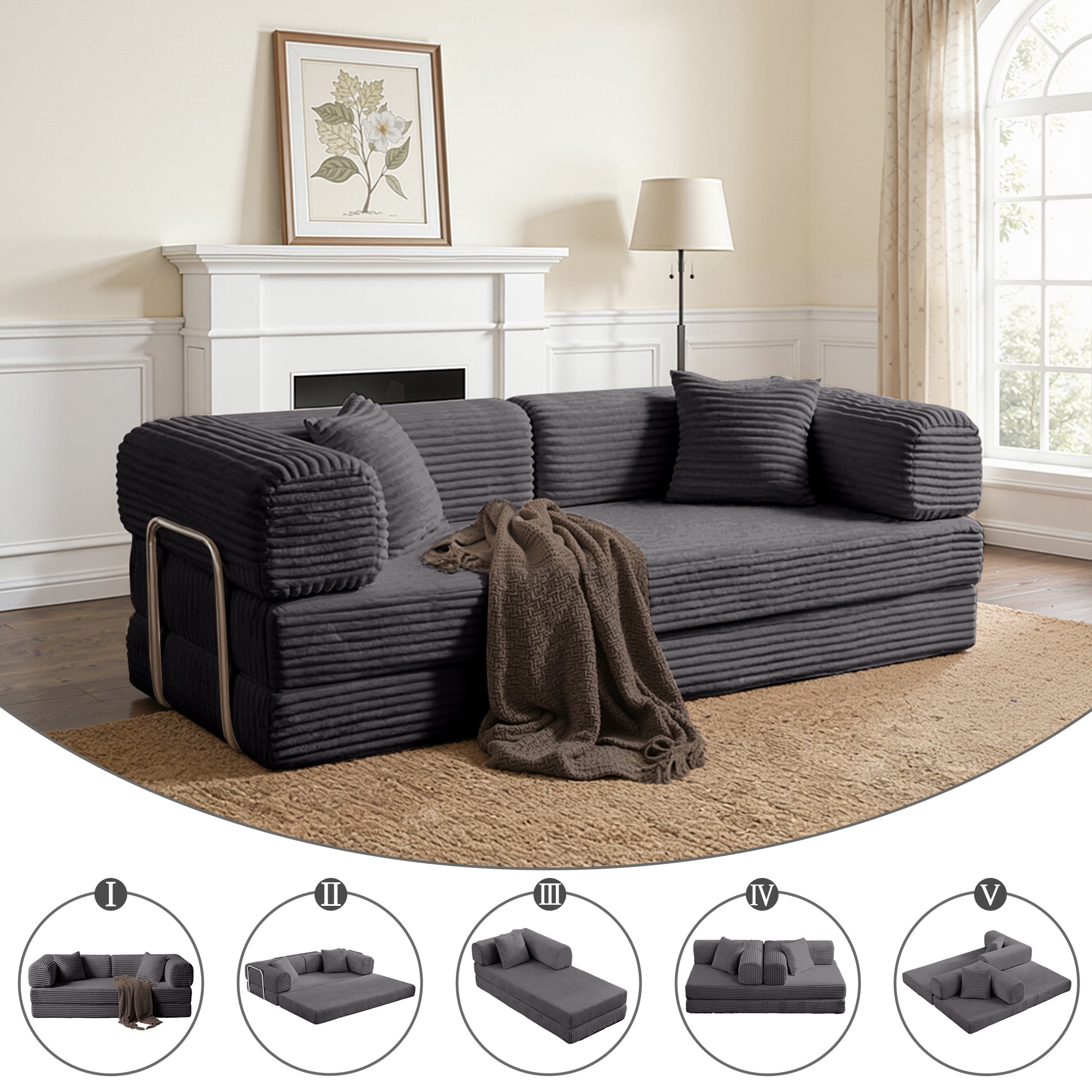 Gewnee Dark Gray 2-in-1 Convertible Corduroy Sofa Bed with High-Density Sponge No Assembly for Apartment Dorm Office