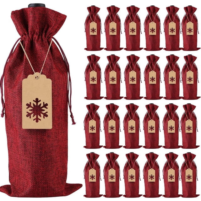 wqlpp-Burlap Wine Gift Bags, 24 Pcs Jute Drawstring Wine Bottle Covers with Ropes and Tags for Christmas, Wedding, Travel, Birthday, Holiday Party (Wine Red)
