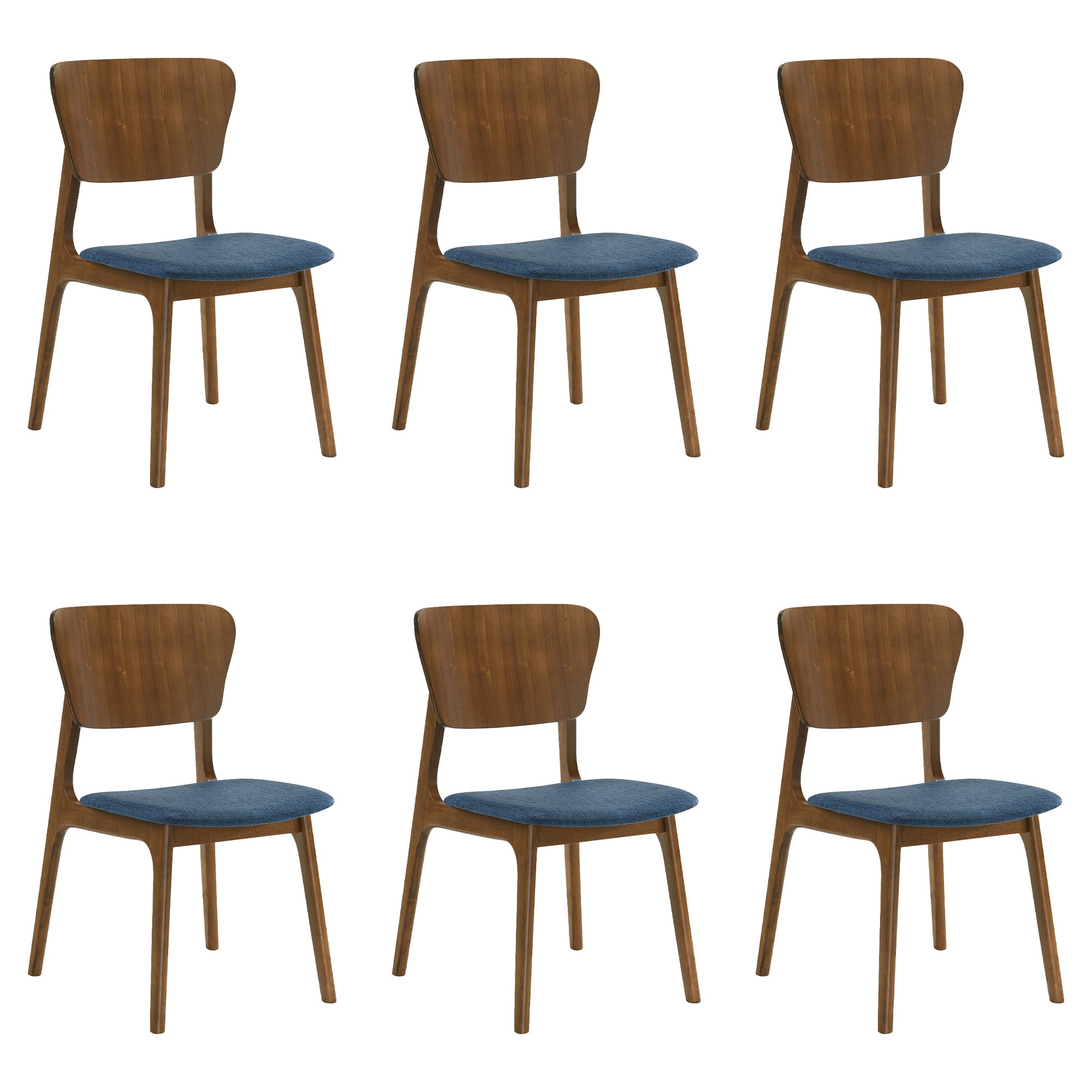 Kalia Wood Dining Chair in Walnut Finish with Blue Fabric - Set of 6