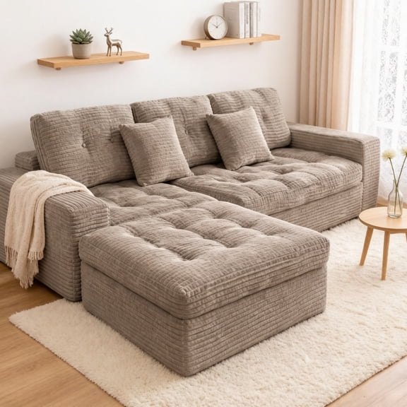 Compressed Pure Foam Boneless Sofa Set with Ottoman, Upholstered Faux Fur Tufted Couch, 3-Seater Floor Sectional Sofa