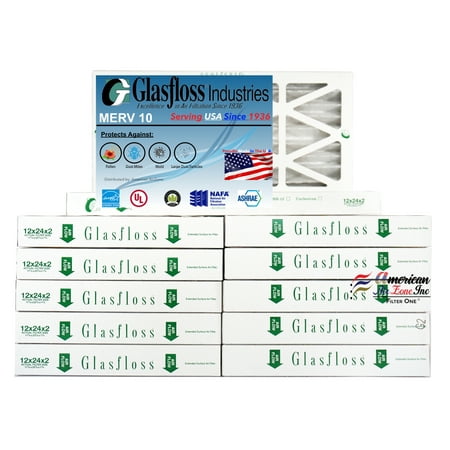 

Glasfloss Air Filter 12x24x2 - 2 MERV 10 - (Pack of 12) - Pleated AC or HVAC Air Filter - Furnace Air Filter - Home or Office - Made In The USA.