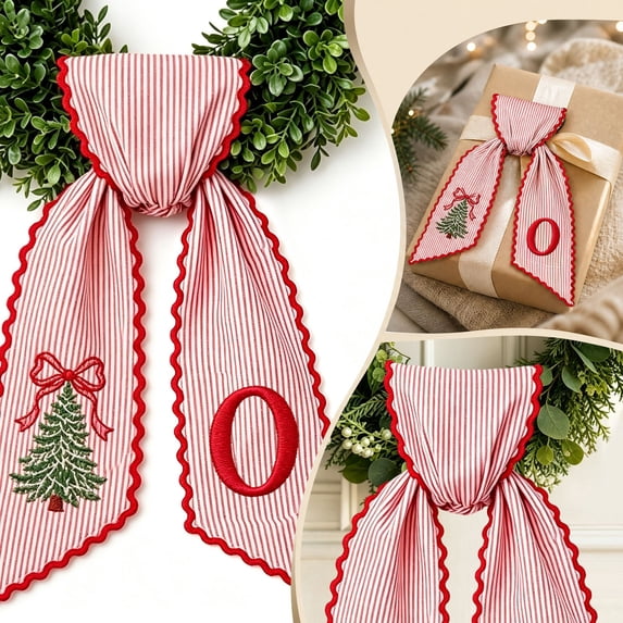 PLPPYFS Christmas Wreath Sash, Pink Striped Letter Wreath Bow Sash with Embroidered Christmas Tree, Scalloped Red Edge Holiday Wreath Decor, Front Door Wreath Sash Decoration