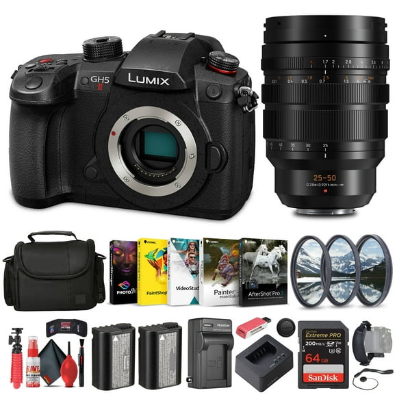 Panasonic Lumix GH5 II Mirrorless Camera (DC-GH5M2BODY) + Panasonic 25-50mm f/1.7 Lens + Filter Kit + Corel Photo Software + Bag + 64GB Card + Charger + Card Reader + DMW-BLF19 Battery + More