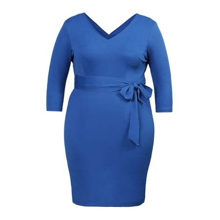 Women's Vneck 3/4 Sleeves Plus Size Casual Cocktail Blue Dress