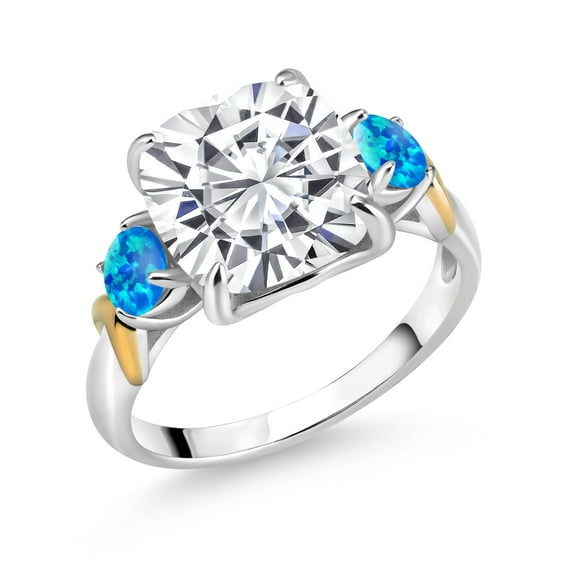 Gem Stone King 925 Silver and 10K Yellow Gold White Moissanite and Blue Opal 3 Stone Ring for Women (5.50 Cttw, Gemstone Birthstone, Cushion 10MM, Round Cabochon 4MM, Size 9)