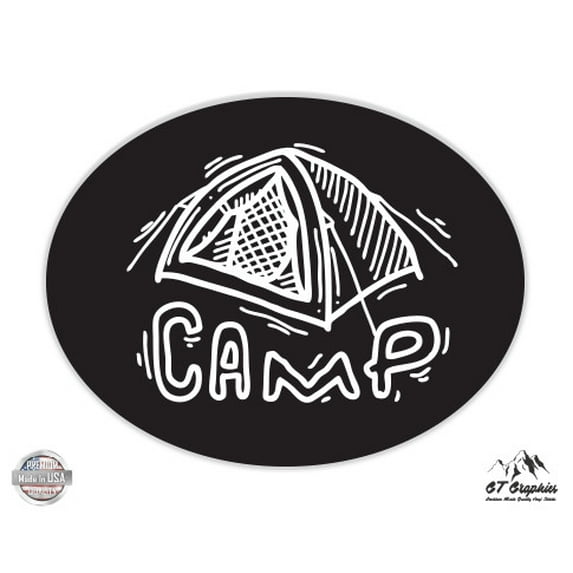 Camp Oval Black Camping Adventure Theme - 5" Vinyl Sticker - For Car Laptop I-Pad - Waterproof Decal