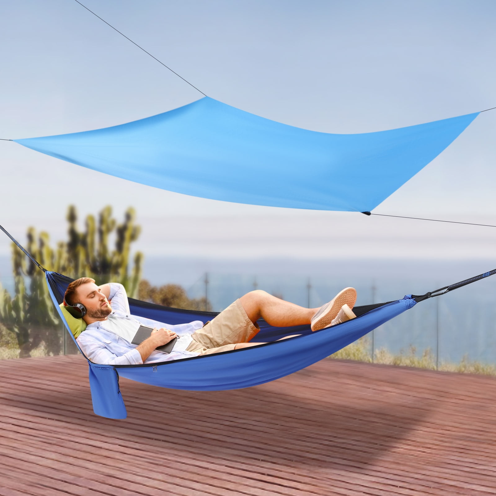 Miumaeov Camping Hammock with Net and Tent Tarp Heavy Duty Tree Strap Portable Nylon Parachute Hammock Load-Bearing Capacity 200kg/440.9lbs
