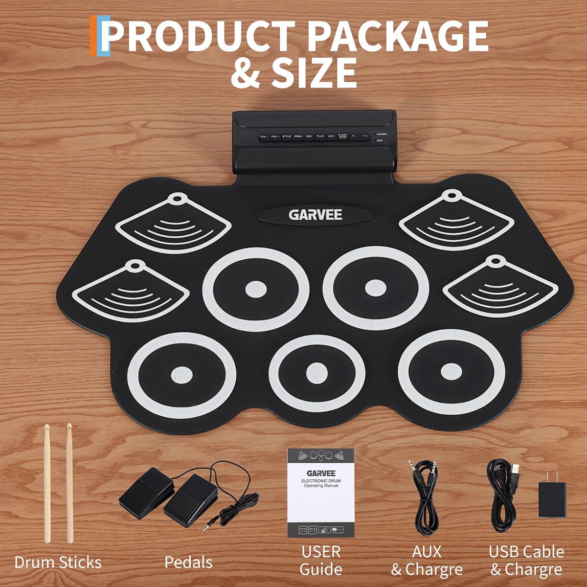 Ataucjin Electronic Drum Set with 9 Pads, Portable Roll-Up Drum Kit with Built-in Speaker, Headphone Jack, Pedals & Sticks, Recording Function, Instrument Set for Beginners