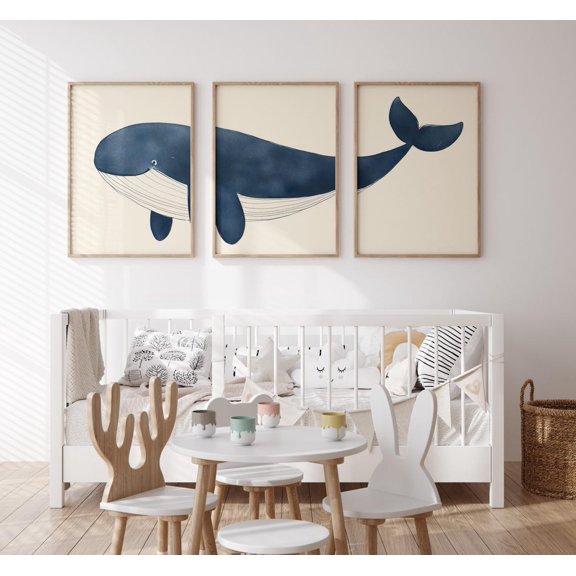Blue Whale Prints Playroom Wall Art Room Sealife Nursery Boys Bedroom Animal Art Set 3 Unframed Paper Print 8x12