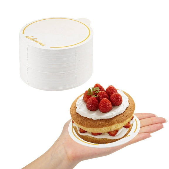 LELE LIFE 50 Pack Gold Foil Mini Cake Boards, 4in Cardboard Dessert Plates Circle Cake Base Tray for Mousse Cupcake Chocoflan Baking Party Wedding, Round