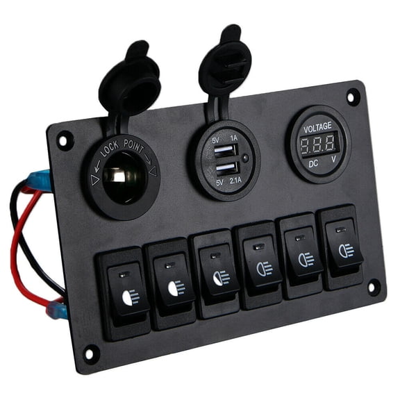 Rollbacks & More 6 Gang Switch Panel with 12V-24V LED Digital Voltmeter Dual USB Charger Lighter Socket for RV Truck Boat SUV