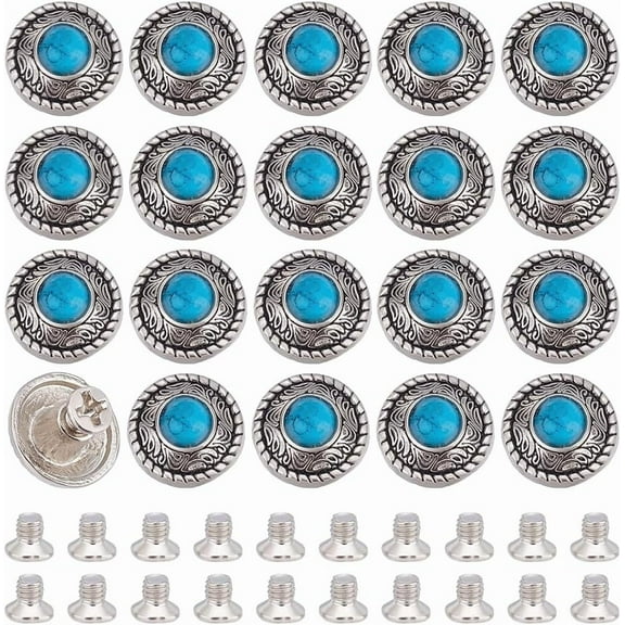 1set 20 sets Alloy Decorative Rivets with Imitation Turquoise & Screw for Purse Bags Leather Crafts Decoration Flat Round Deep Sky Blue 1.2x0.8cm