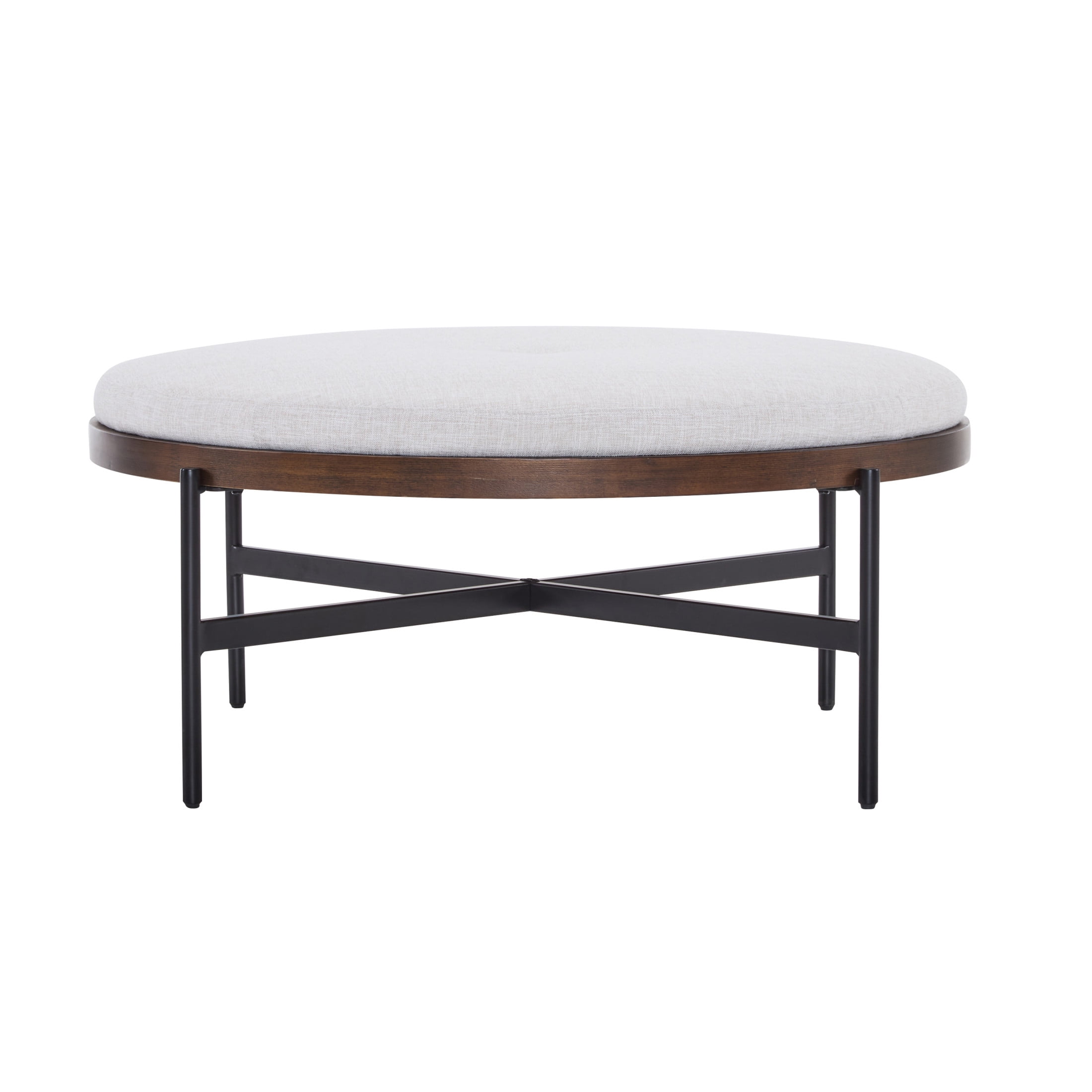 36'' Modern Round Cocktail Ottoman with Fabric Upholstery and Metal Base, Beige+Black