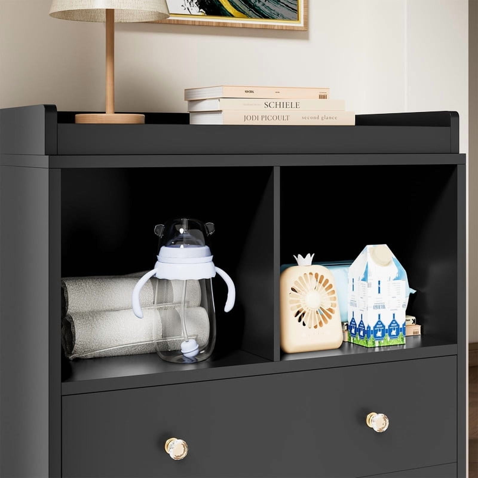TROPOW Modern 2-Drawer Nursery Changing Table with Media Shelves, Black Baby Dresser with Crystal Knobs, Multi-Purpose Diaper Station Storage Organizer for Infant Room, Anti-Tip Safety Design