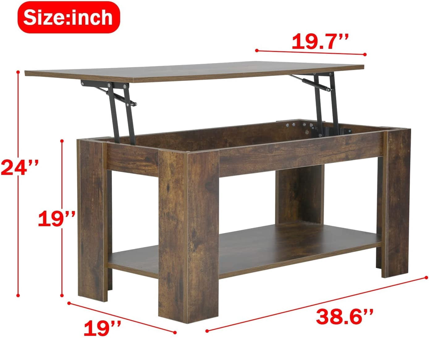 BestOffice Coffee Table with Hidden Compartment and Lower Shelf Silent Air Rod,39.4inch,Brown
