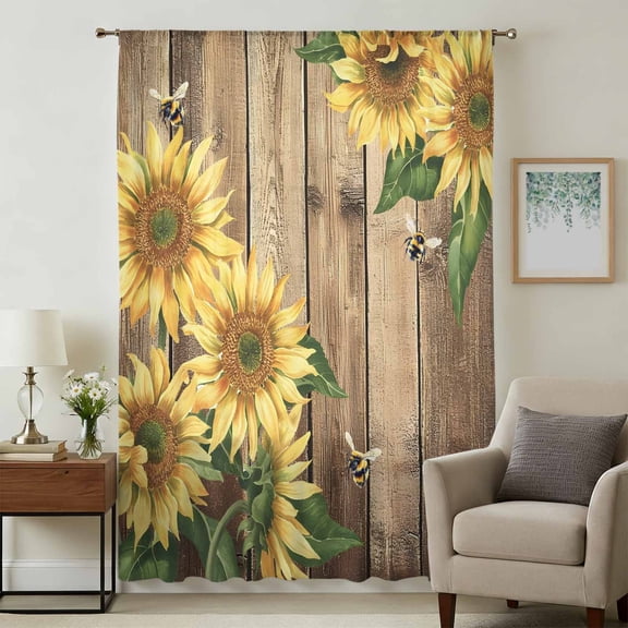 Sunflower Sheer Curtains 63 Inches Long, Farmhouse Floral Bee Brown Vintage Wood Grain Light Filering Curtains, Breathable Simi Curtain Privacy Drapes for Living Room Bedroom Window Treatment
