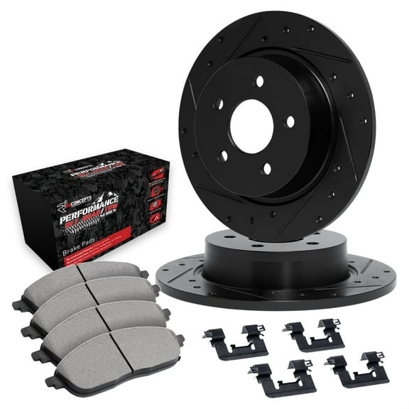 R1 Concepts Drilled and Slotted Black Disc Brake Rotor Set with Off-Road/Tow Brake Pads and Hardware WHVH1-55001