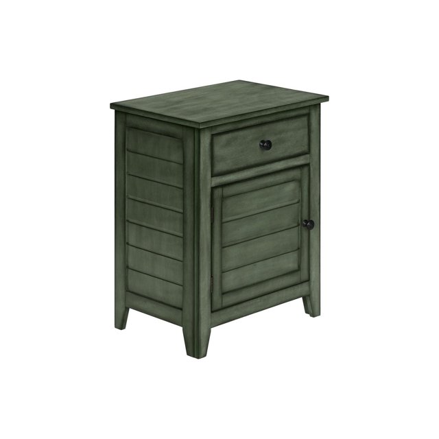 Transitional antique green veneer accent table featuring one storage drawer and a cabinet door for bedroom or living room use.