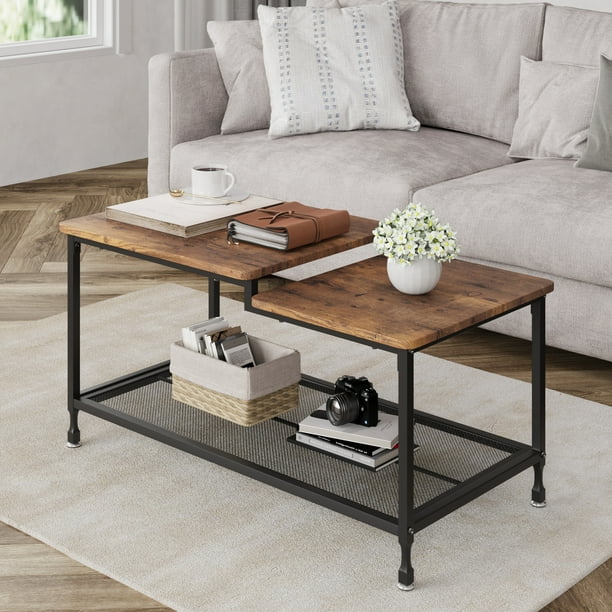 Mesa de centro industrial para sala, mesa rústica de 2 niveles con estante de malla, mesa rectangular para cócteles con marco de metal, fácil de montar, color marrón rústico