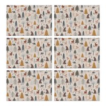 Beige Christmas Forest Animal Pattern Summer Placemats Table Placemats Set Of 6-Linen Kitchen Washable Placemats Table Mats 11.8"x17.7" Non-Slip Heat Resistant