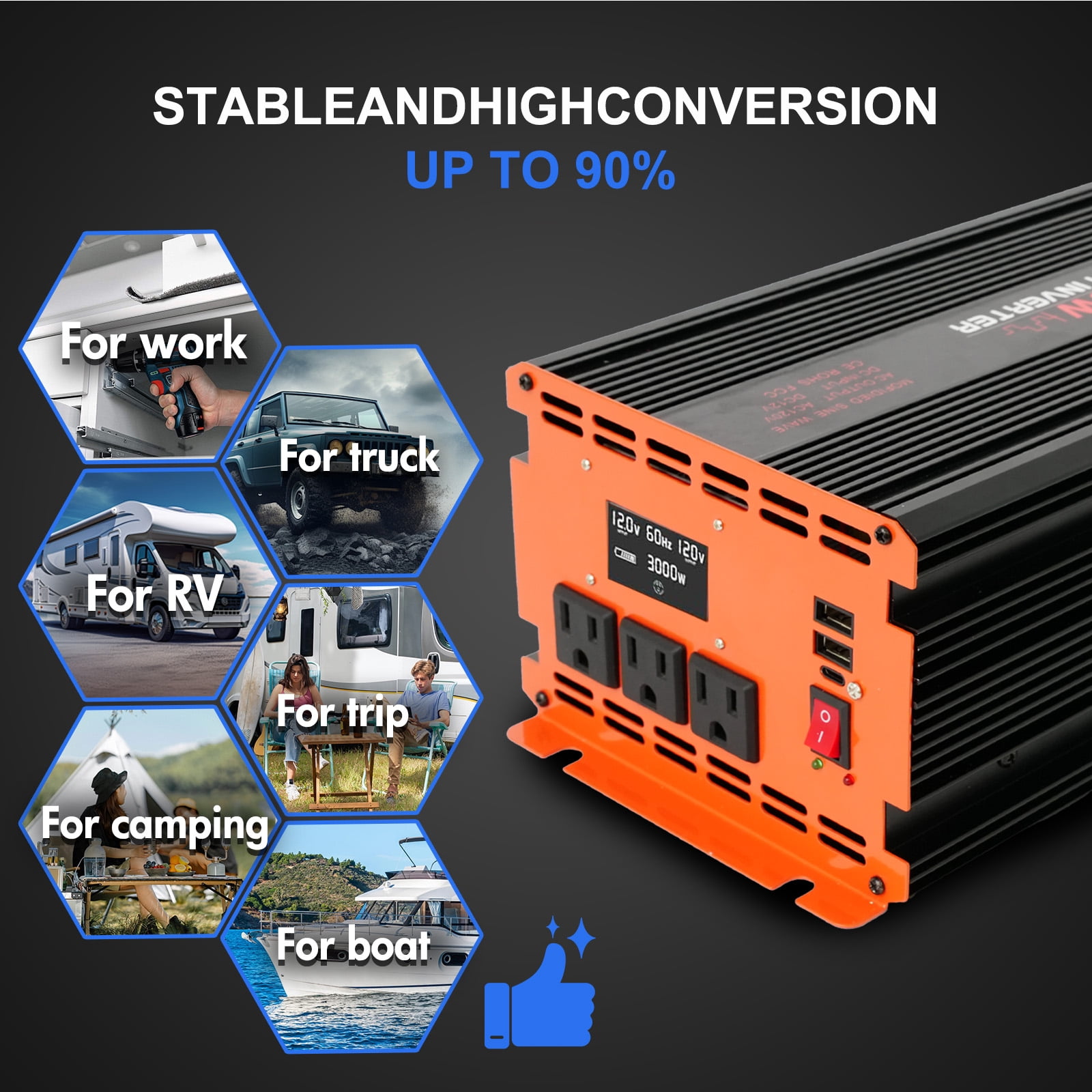 3000 Watt Power Inverter  12V DC to 110V/120V AC Converter Car Inverter with LCD Display & Remote Control