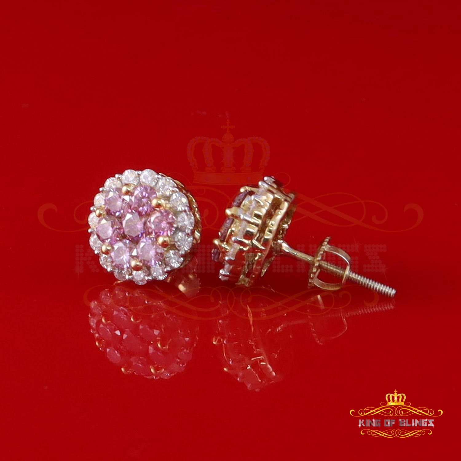 King of Bling's 925 Silver Yellow 1.33ct VVS D Pink Moissanite Round Men's/Women's Stud Earrings