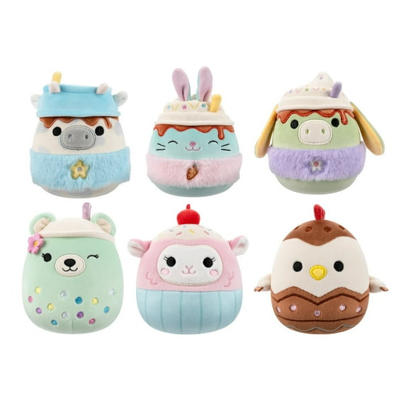 Squishmallows 2025 Easter Squad A - Set of 6 (Latte Cow, Latte Bunny, Latte Donkey, Boba Bear, Cupcake Lamb, Chocolate Egg Chicken)