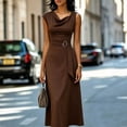 thumbnail image 4 of Morttic Women's Solid Color Sleeveless Cowl Neck Midi Dress – Elegant Ruched Tied Waist A-Line Dress Office & Party Wear Brown，S, 4 of 6