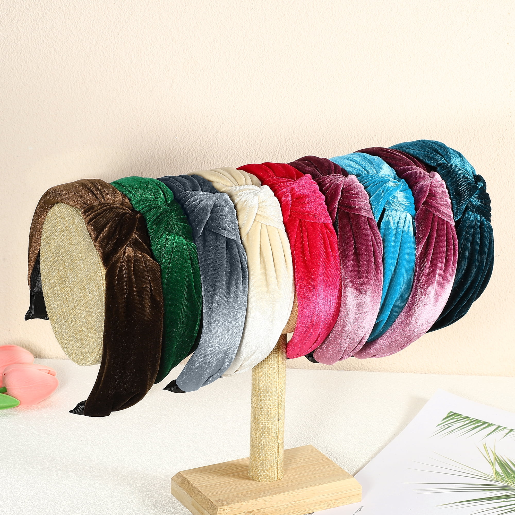 Unique Bargains Velvet Knotted Headbands Hairband for Women 1.2 Inch Wide Beige