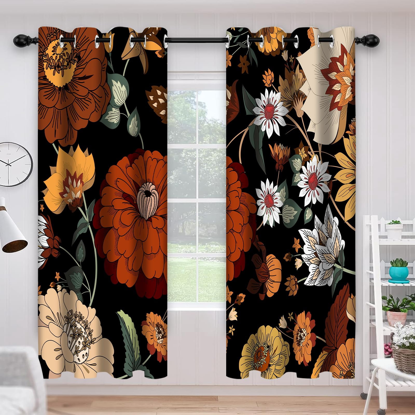 Boho Floral Blackout Curtains, Morden Mid Century Abstract Bohemian Flowers Botanical Tropical Leaves Darkening Window Drapes Grommet for Living Room Bedroom Decor 2 Panels 52"x84" Inches