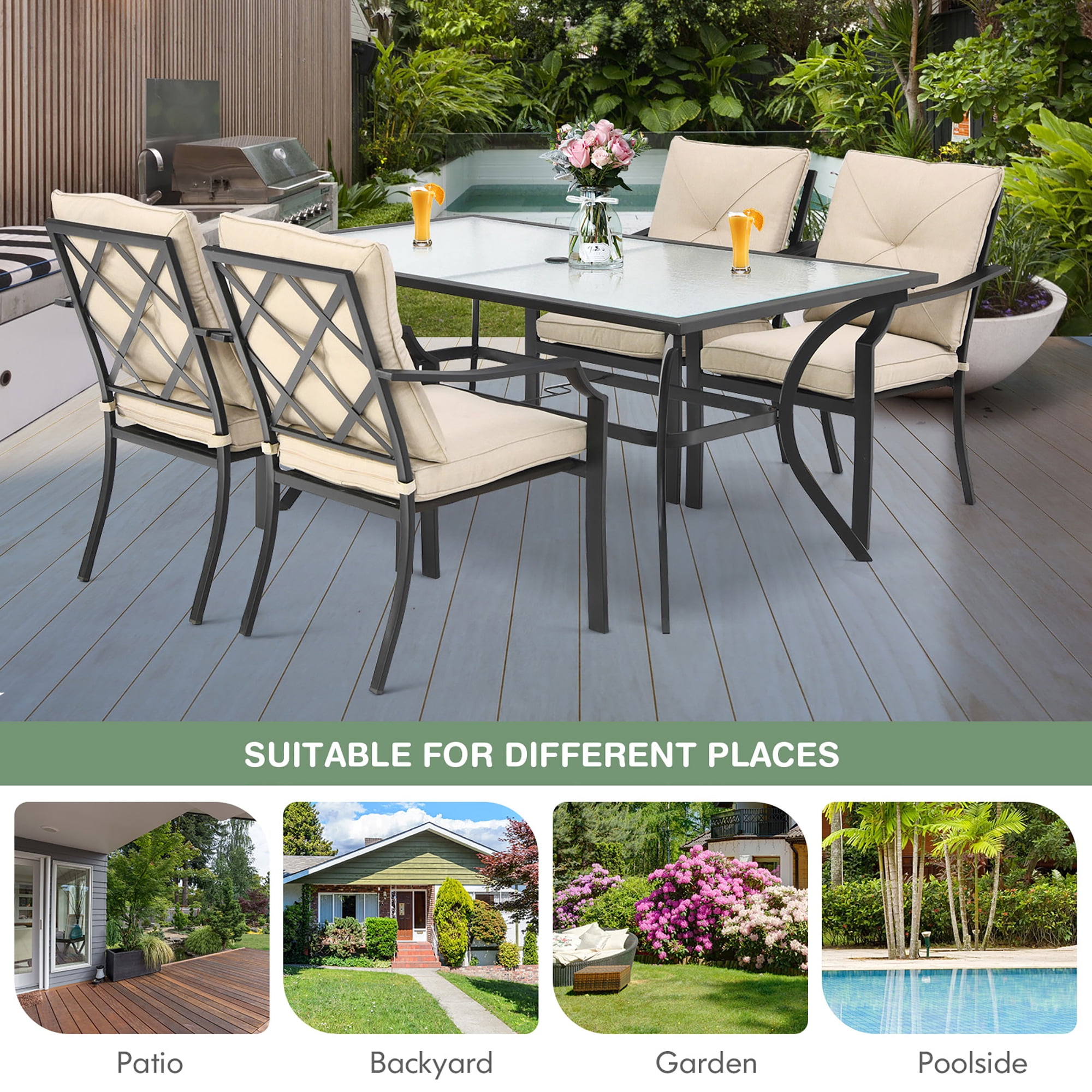 Costway 5PCS Patio Dining Set Stack Chairs Cushioned Glass Table Umbrella Hole