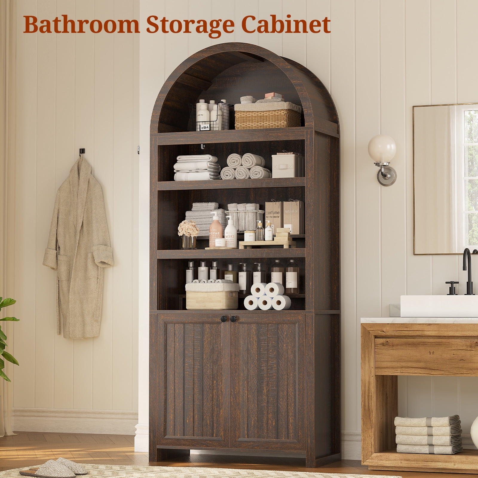 81" Tall Arched Bookshelf, Kitchen Pantry Storage Cabinet, 6-Tier Bookcase with 2 Doors for Living Room, Kitchen, Home Office, Walnut