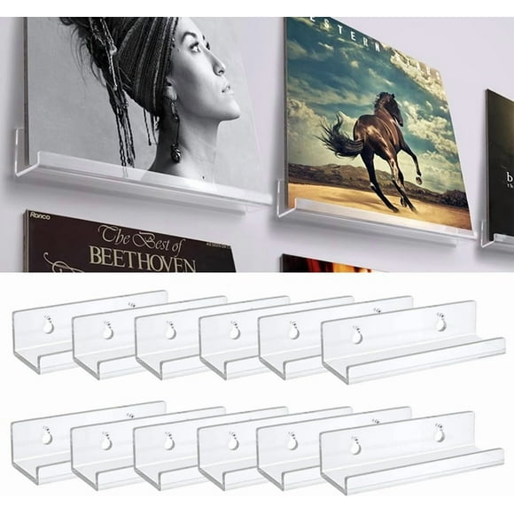 HOUSEEN Vinyl Wall Mount, 12PCS 4inch Clear Acrylic Vinyl Record Wall Mount Album Record Holder Display, Floating Shelves for Wall, Magazine Shelf, Kids Bookshelf for Office Home