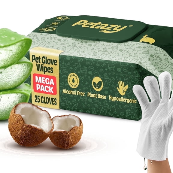 Petazy Extra Thick Pet Glove Wipes for Dogs & Cats – 25 Pack | Hypoallergenic No Rinse Grooming Gloves for Paws, Face, Ears & Butt with Aloe & Coconut Oil