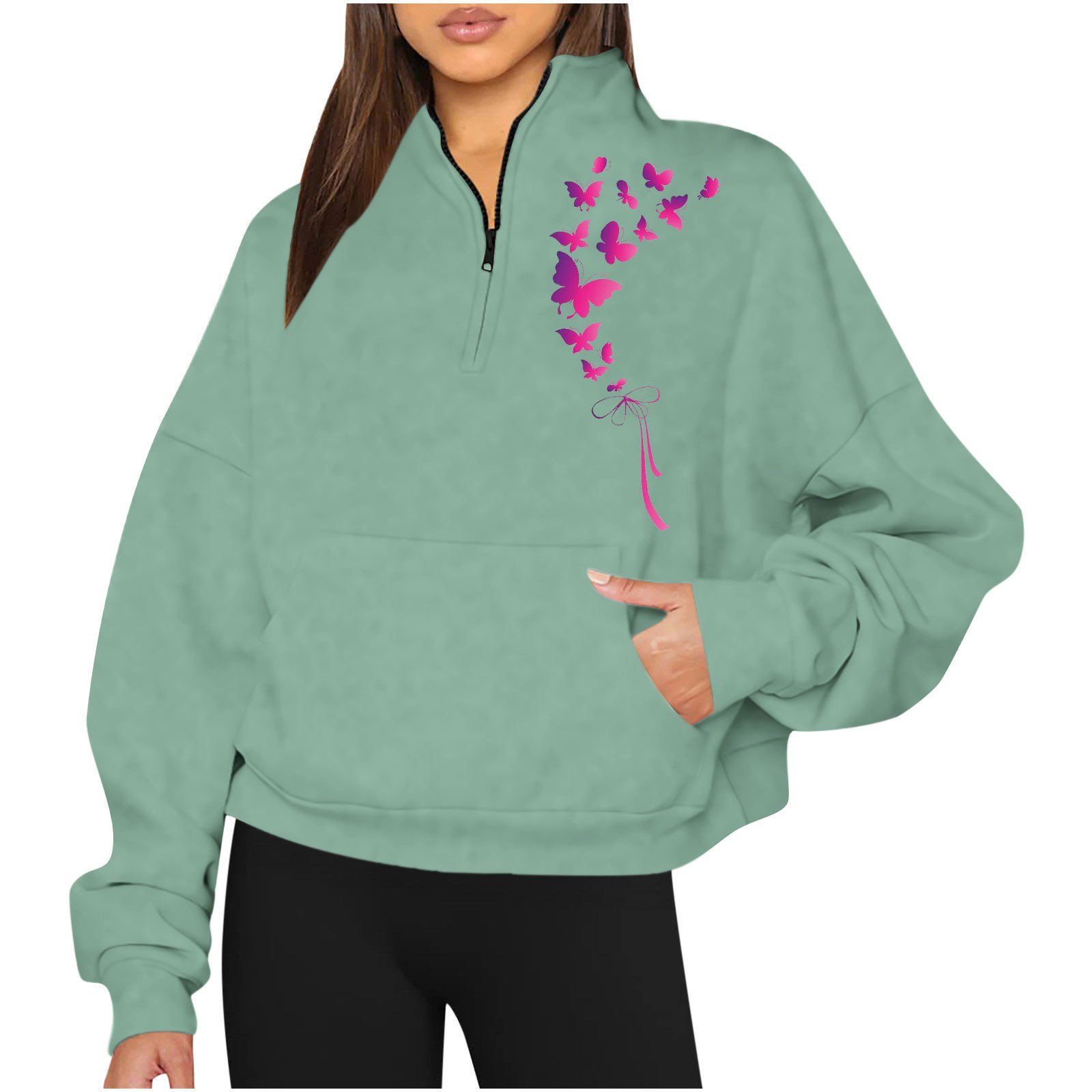 RKSTN Sweatshirt for Women Plus Size Long Sleeved Floral Printed Tops Half  Zippered Solid Color Turndown Collar Tops with Pockets | Walmart Canada
